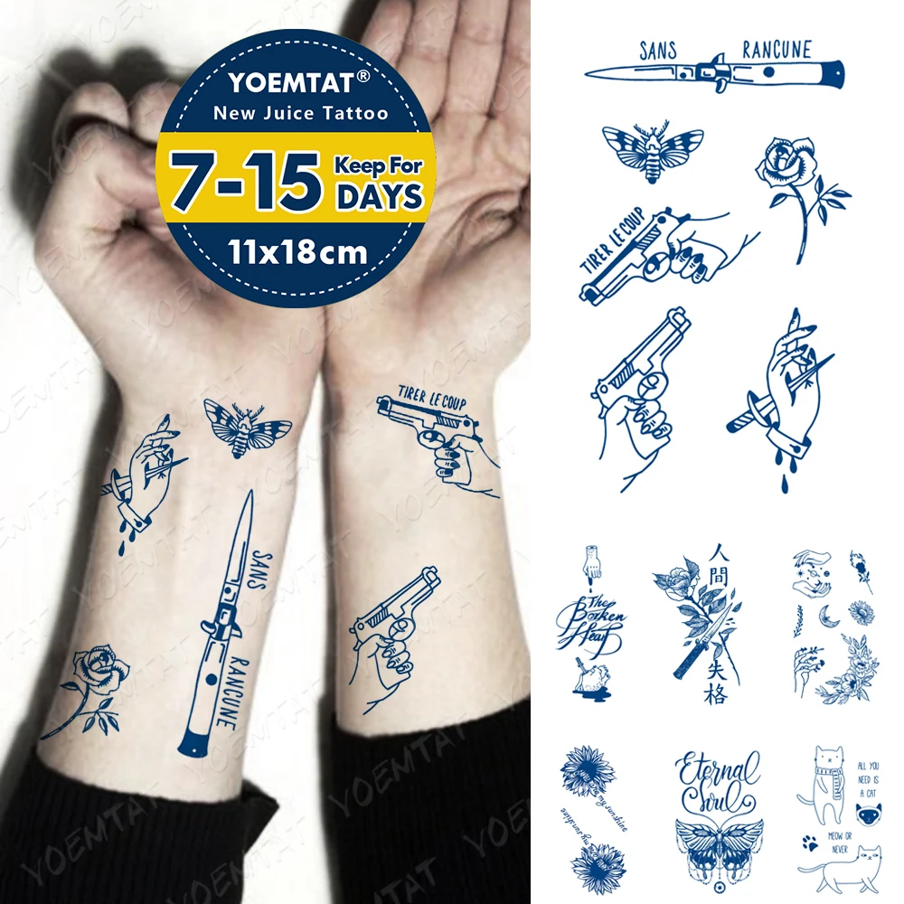 

Blue Ink Juice Waterproof Temporary Tattoo Sticker Gunner Knife Flower Body Art Fake Tatto Men Women Long Lasting Small Tattoos