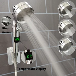 Temperature Digital Display Shower Head 3 Modes One Key Stop Handheld Shower High Pressure Water Saving Bathroom Showerhead