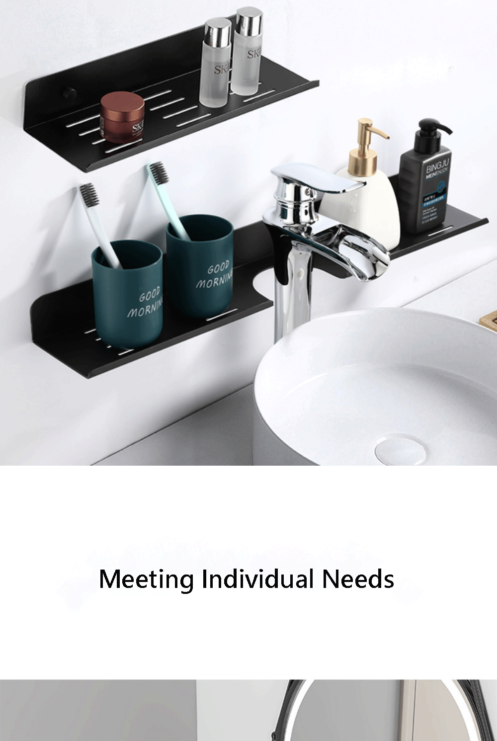 Description Picture 3 of itemMirror Front Groove Shelf Black Aluminum Bathroom Basin Storage Rack Square Kitchen Racks Bedroom Hardware Shelves Accessories