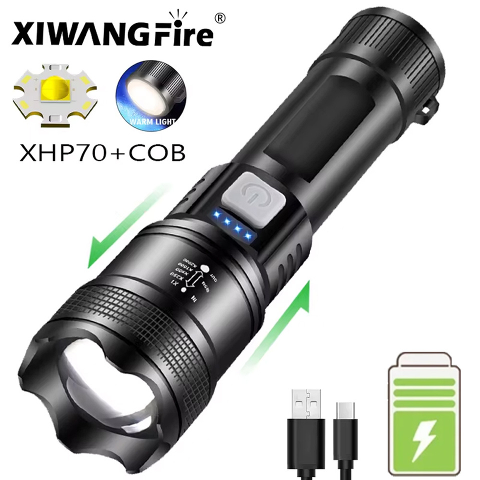 Powerful XHP70 Led Flashlights 5000LM Ultra Bright Tactical Light Emergency Spotlights Telescopic Zoom Light Built-in Battery