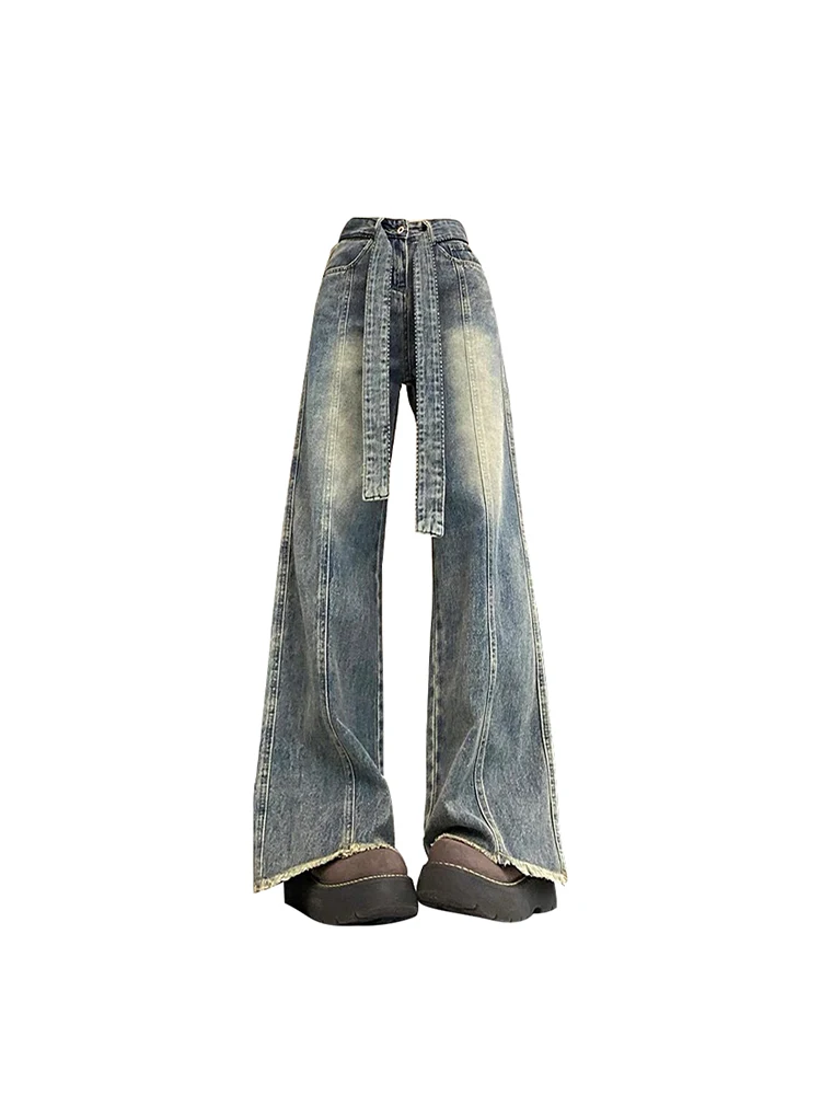 

Women's Vintage Jeans with Belt 90s Aesthetic Y2k Oversize High Waist Denim Pants Harajuku 2000s Baggy Wide Leg Cowboy Trousers