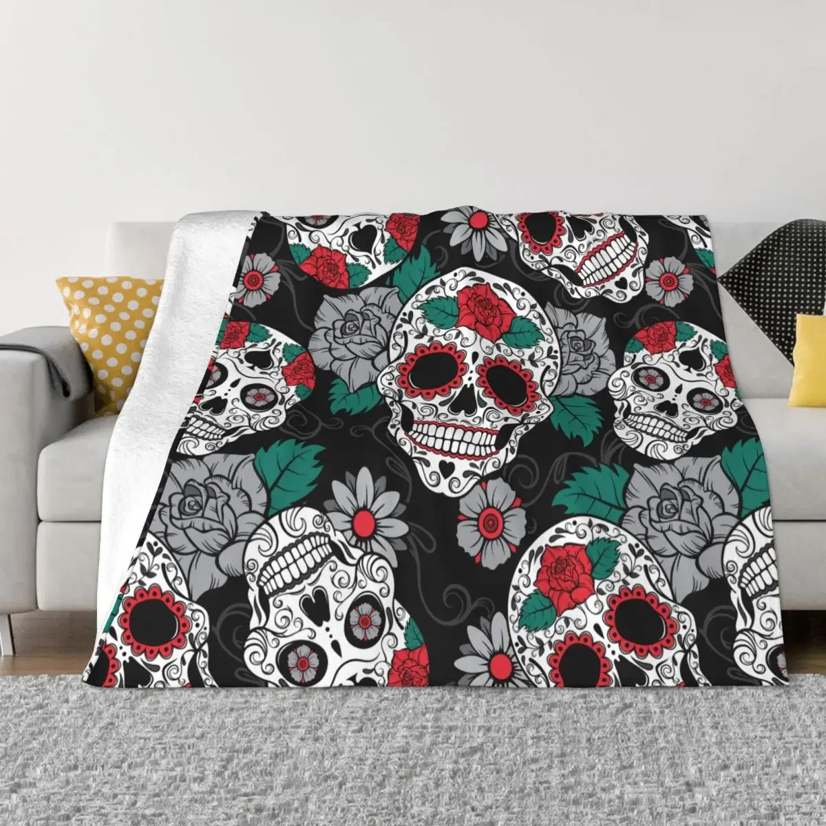 

Sugar Skull Day Of The Dead Blanket Fleece Gothic Mexican Skeleton Halloween Soft Throw Blankets for Bed Bedspread