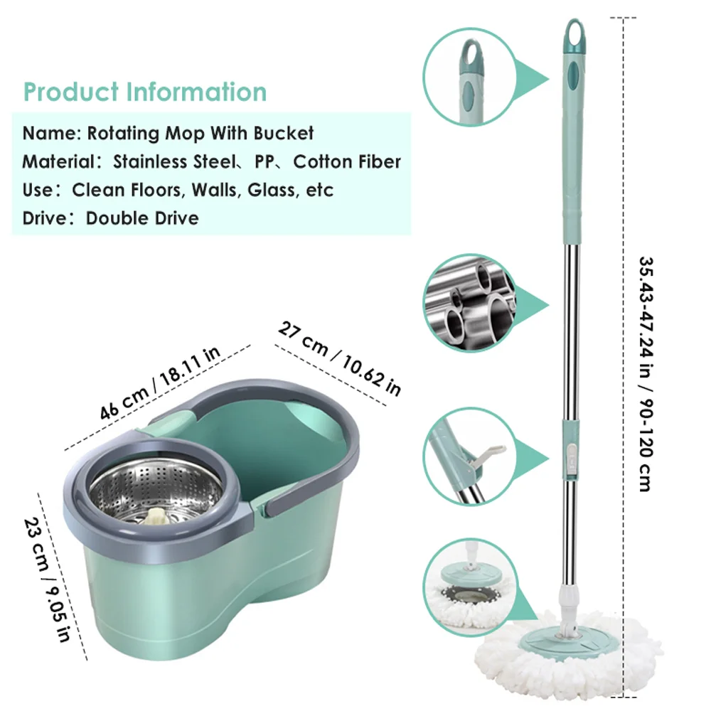 360 &deg; Water Throwing Mop Double Drive Lazy Mop Barrel Rotating Stainless Steel Drying Drum With Wringer Suit For Household