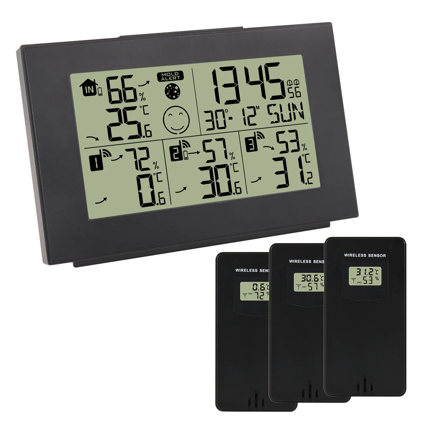 ildsted tusind Skæbne Alarm Clock Digital Thermometer Hygrometer Electronic Calendar Desktop  Watch Table 3 Wireless Sensor Home Office Decor