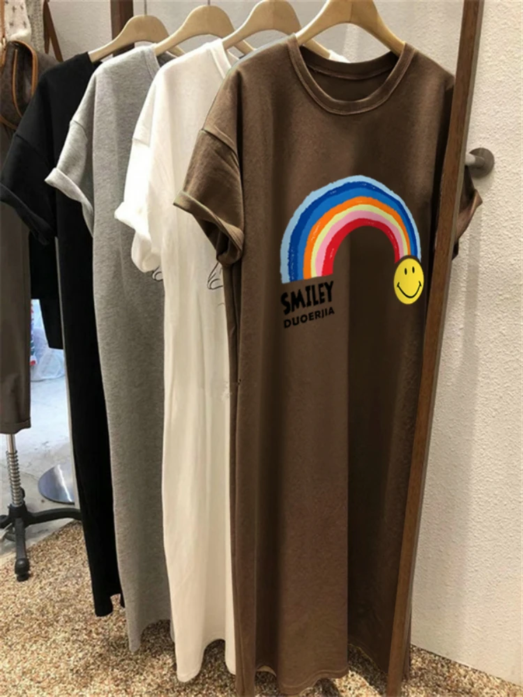 

S-3XL Cotton Top Oversized Long T Shirt Summer Rainbow O Neck American Vintage Tshirt Short Sleeve Top 200lbs Women T Shirts