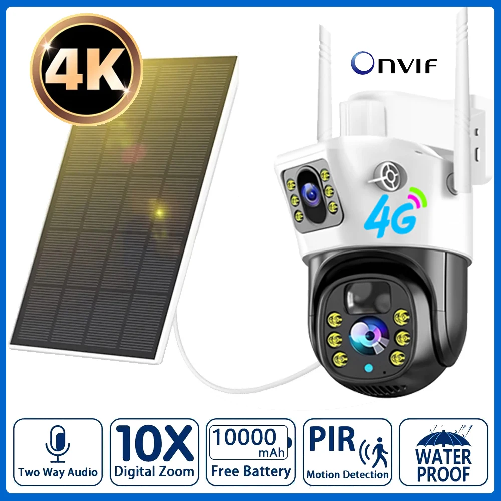 4G Sim Card 8MP 10X ZOOM Solar Camera 4k Dual Lens Low Power Built in Battery HD PIR Motion Detection CCTV Surveillance Outdoor