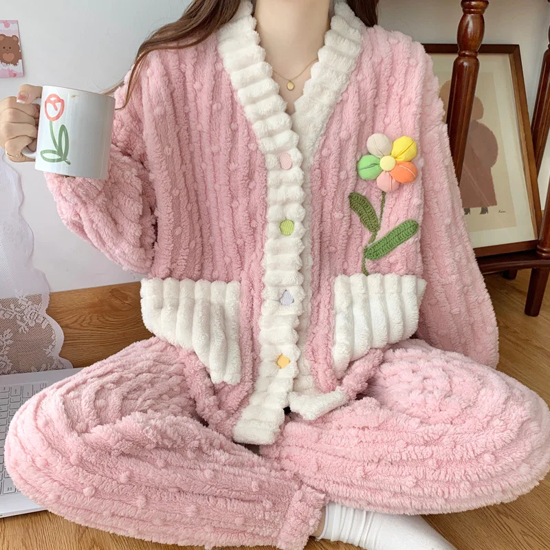 

Autumn Winter Warm Flannel Women Pajama Sets Thick Coral Fleece Cute Girl Sleepwear V-Neck Home Clothes Casual Cardigan Nightwea