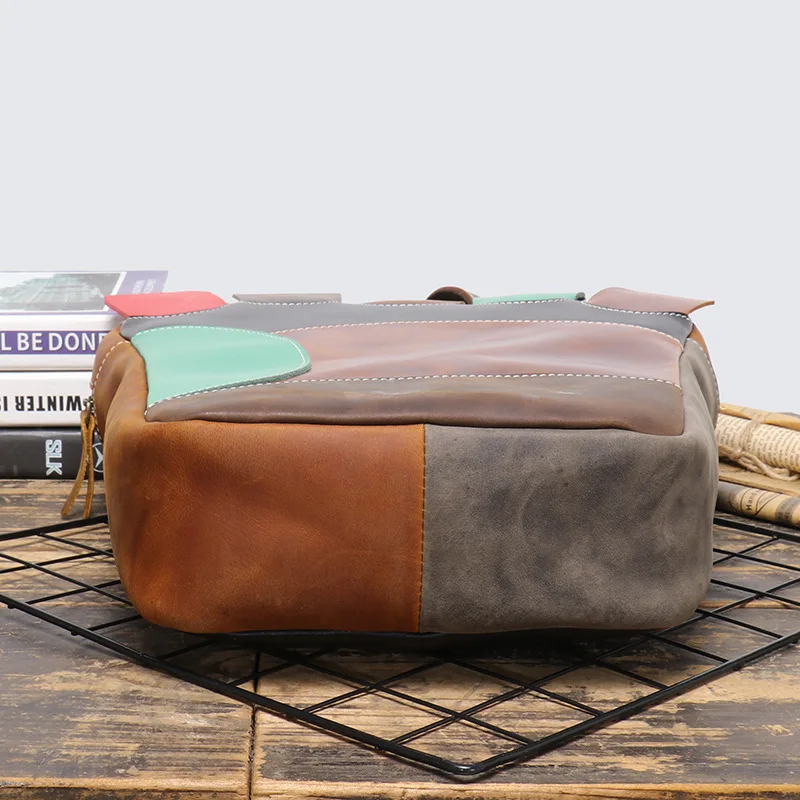 Vintage Men's Leather Backpack Crazy Horse Leather Color Blocking Large Capacity Laptop Bag