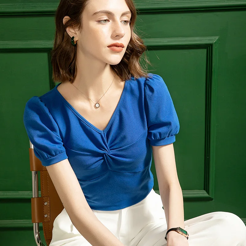 

French V-neck Puff Sleeve Women's Short-sleeved Cotton T-shirt Spring and Summer New Cross Knot Elastic TopTops Oversized