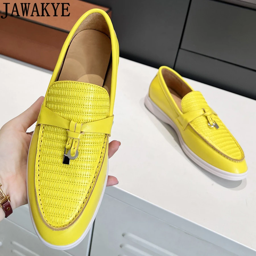 Jakakye mocasines bordados con cerradura Metal para mujer, mocasines amarillos sin cordones, de de cuero, para conducir| | -