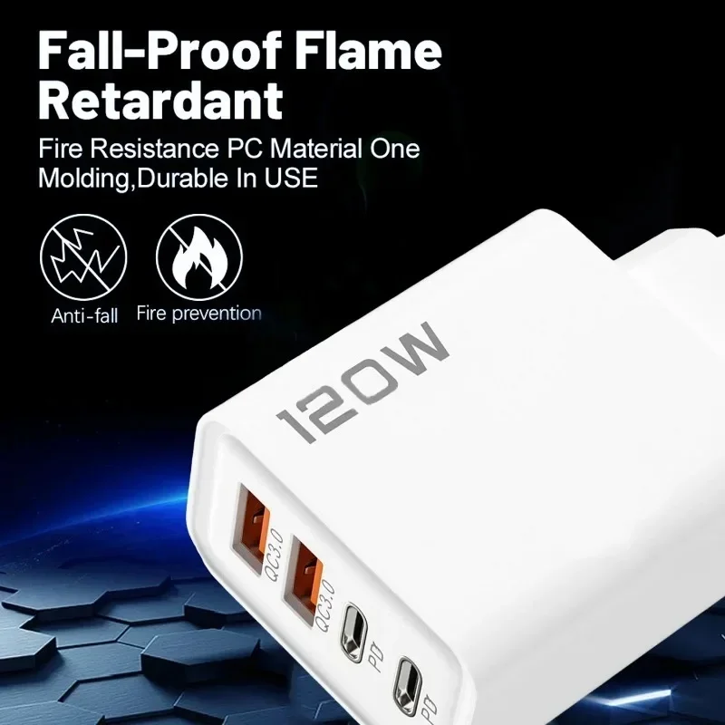 4 Port 120W USB C Fast Charger Station PD QC3.0 Wall Adapter Data Cable For iPhone Samsung Xiaomi Huawei EU US UK Plug Travel