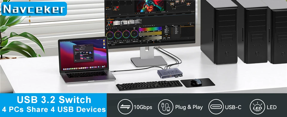 Navceker KVM USB C Switch with Controller 4 Computers Share 4 10Gbps USB 3.2 Gen