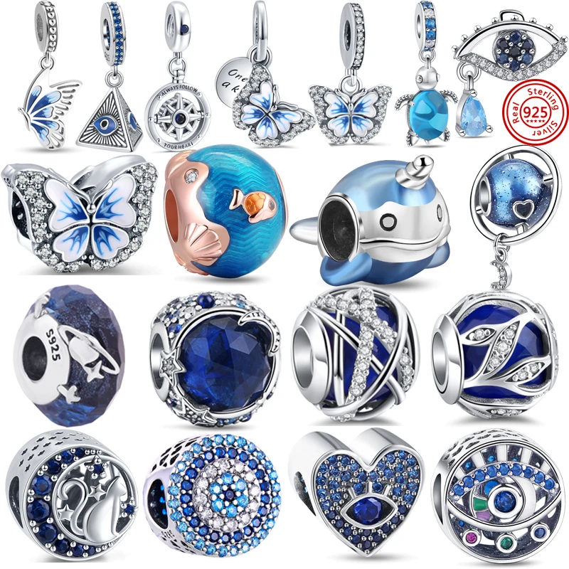 

100% S925 Sterling Silver Blue Devil's Eye Beads Butterfly Turtle Charms Fit Original Pandora Bracelets DIY Women Jewelry Gifts