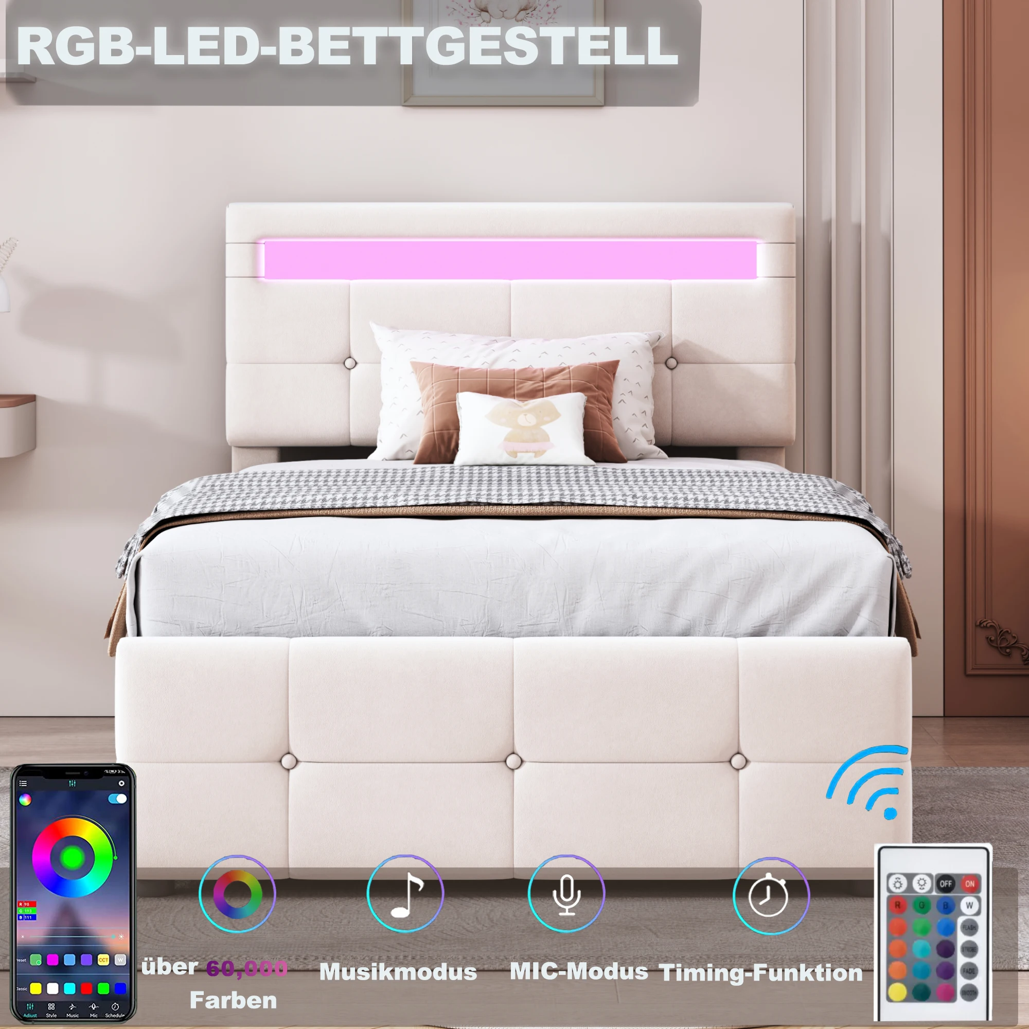 KOMHTOM Kinderbett Einzel 90x200 cm aus Samtstoff mit LED Beleuchtung hydraulischem Stauraum und höhenverstellbarem Kopfteil – Detail 4