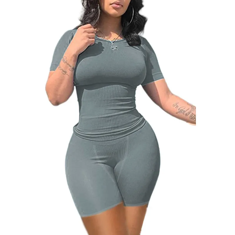 Lounge Wear Ribbed Casual 2 Piece Summer Shorts Set For Somen Short Sleeve Top+Elastic outfits Best Sellers In Women's Clothing