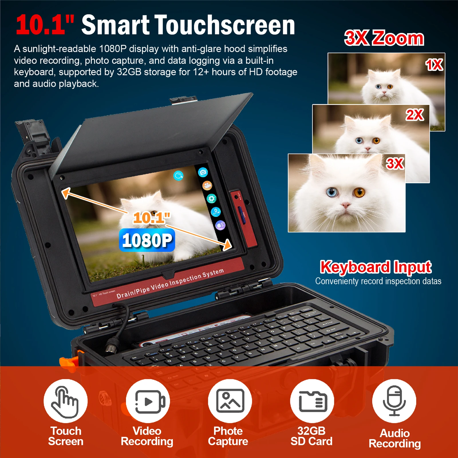 Pipe Inspection Camera and 512HZ Locator Self-Leveling Distanc Counter Sewer Camera with keybord and 7mm Cable 10.1in HD Screen 3