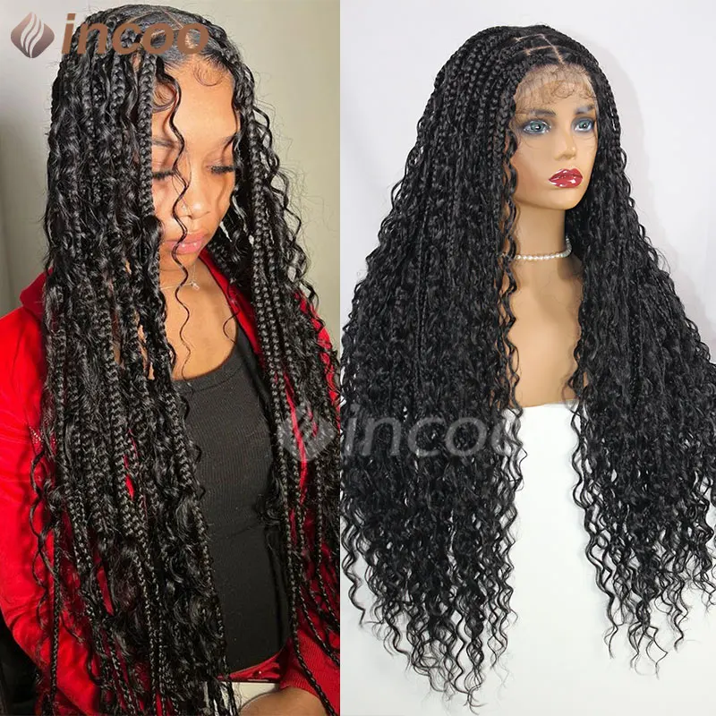 

32" Full Lace Braided wigs Lace Front Wig Long Boho Bohemian Knotless Box Braids Wig Ombre Synthetic Braided Wig for Black Women