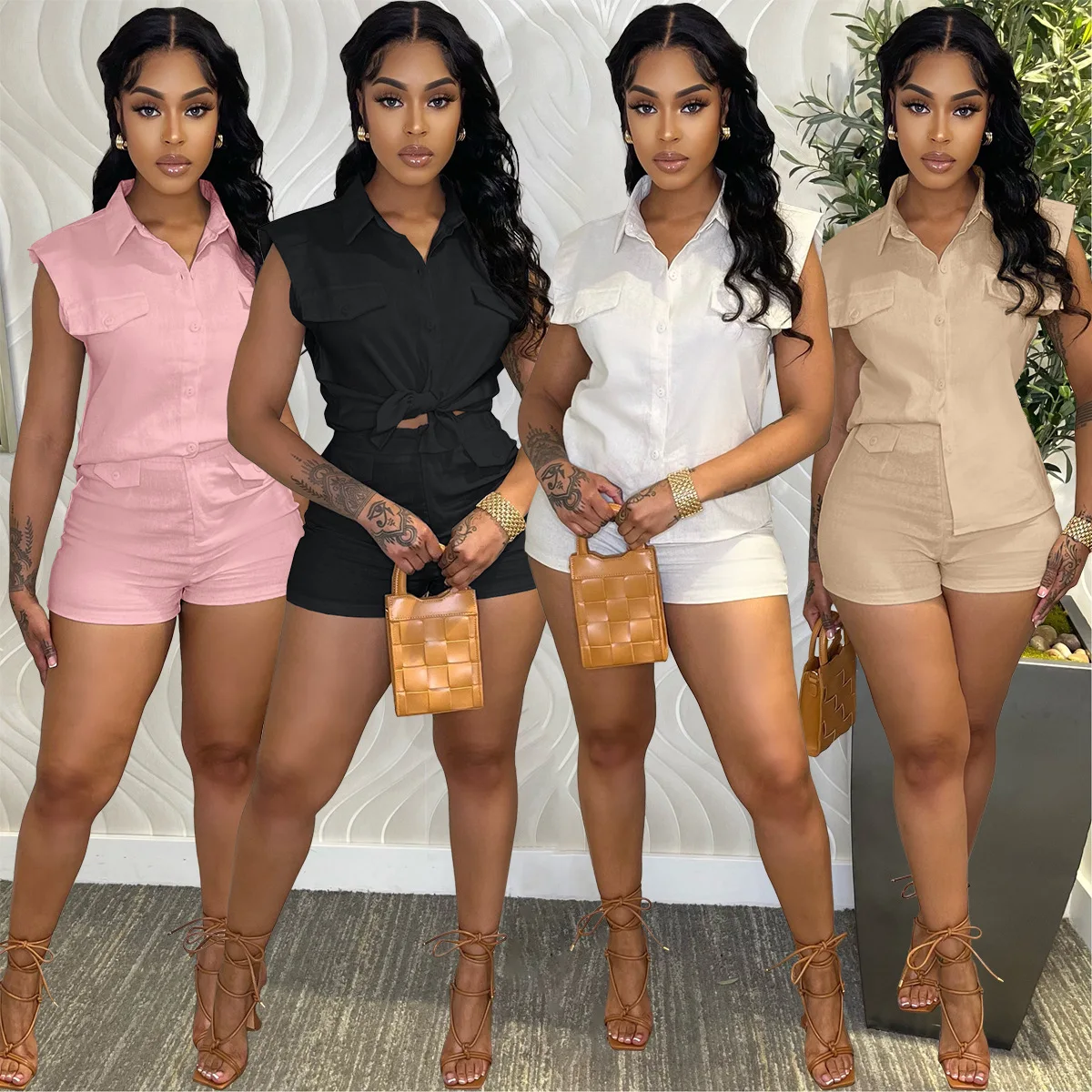 

Рубашка и шорты из хлопка и льна, комплект из двух предметов, рубашка без рукавов на пуговицах и шорты-карго, повседневный костюм, лето