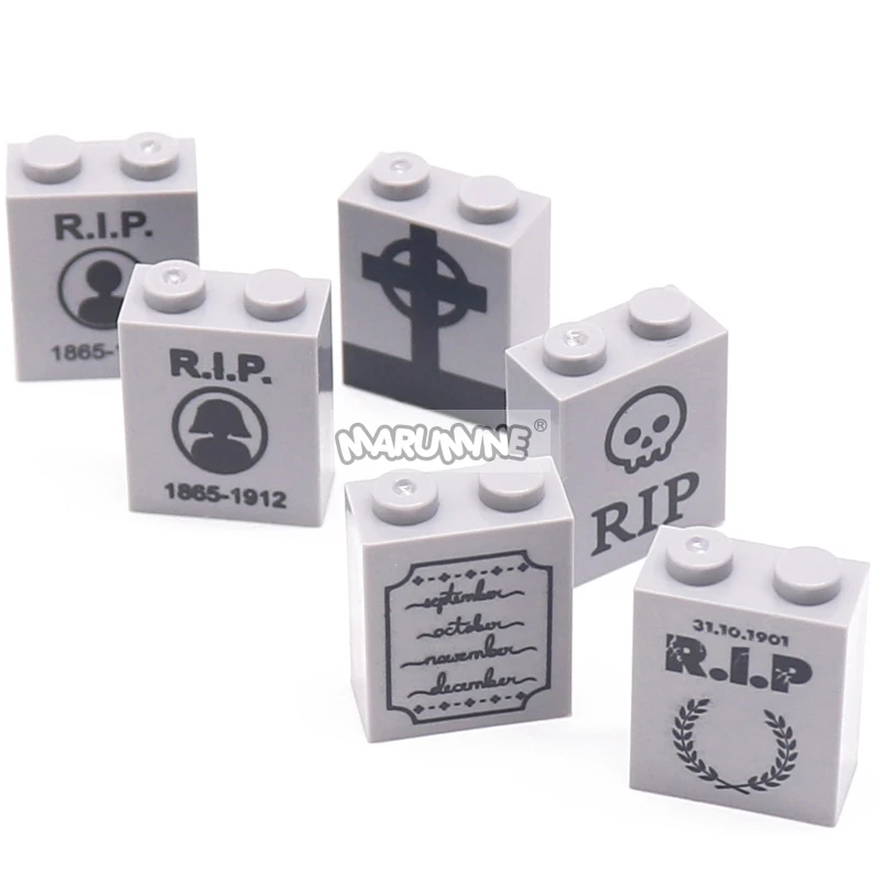 Marumine 10PCS Halloween Printed Tombstone Blocks 1x2x2 Graveyard Bricks 3245 Compatible DIY Classic MOC Building Accessories 3