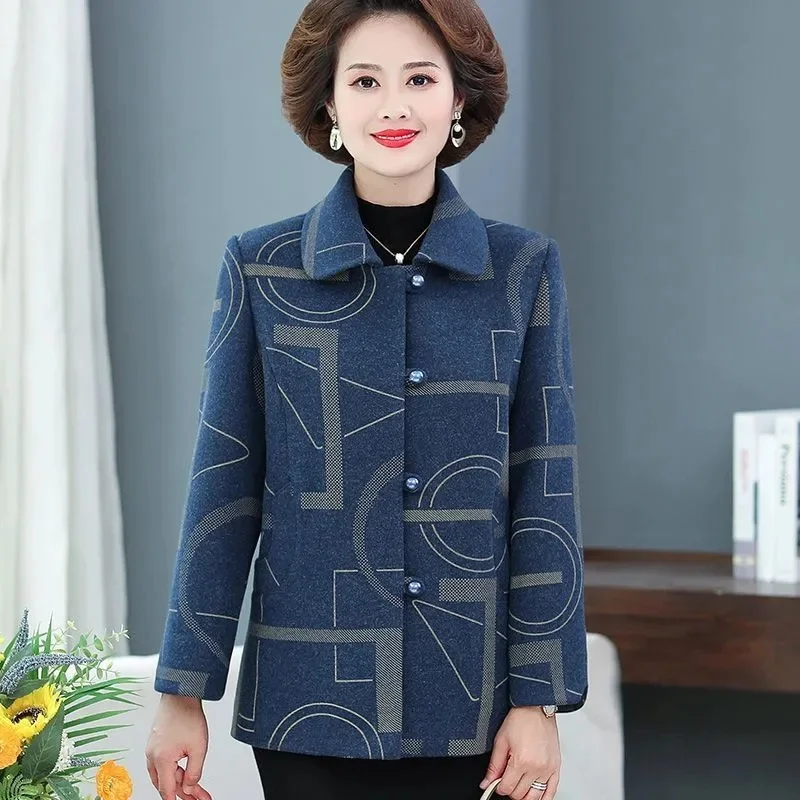 Middle Aged Women's Woolen Outerwear Fashion Plaid 40 to 50 Year Old Middle-aged Elderly Mothers 2023 Autumn Clothing Woolen Top
