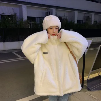 Women Winter Thicken Lamb Wool Coat Faux Fur Warm Stand Collar Outerwear Female Zipper Loose Jacket Full Sleeved Sweatshirts