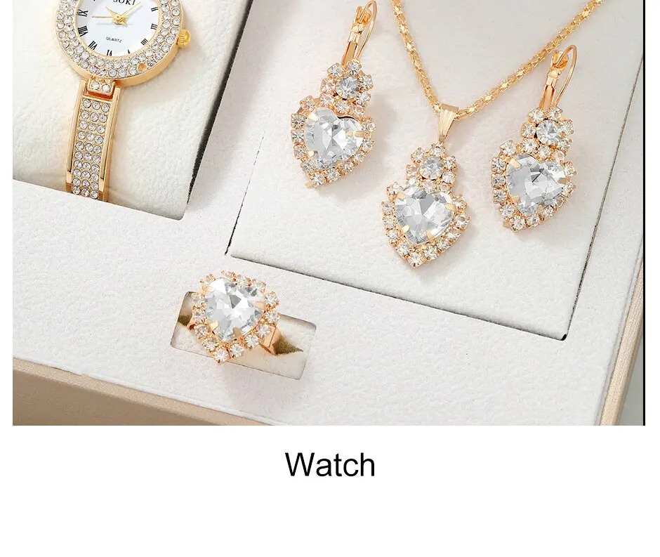 5 squisiti orologi al quarzo, set di gioielli rotondi alla moda, orologio da donna, collana di strass, orecchini, set di anelli_voghion.com