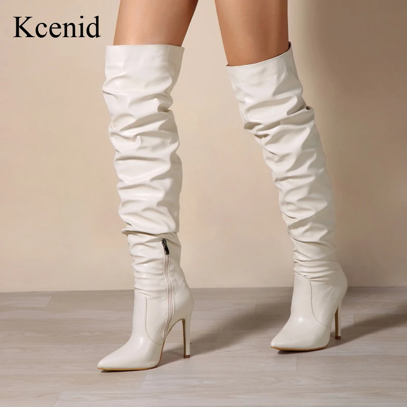 

Kcenid Black White Pleated Thigh High Boots Fashion Pointed Toe Zipper Female Stiletto Shoes Women Pumps Autumn Winter Boots
