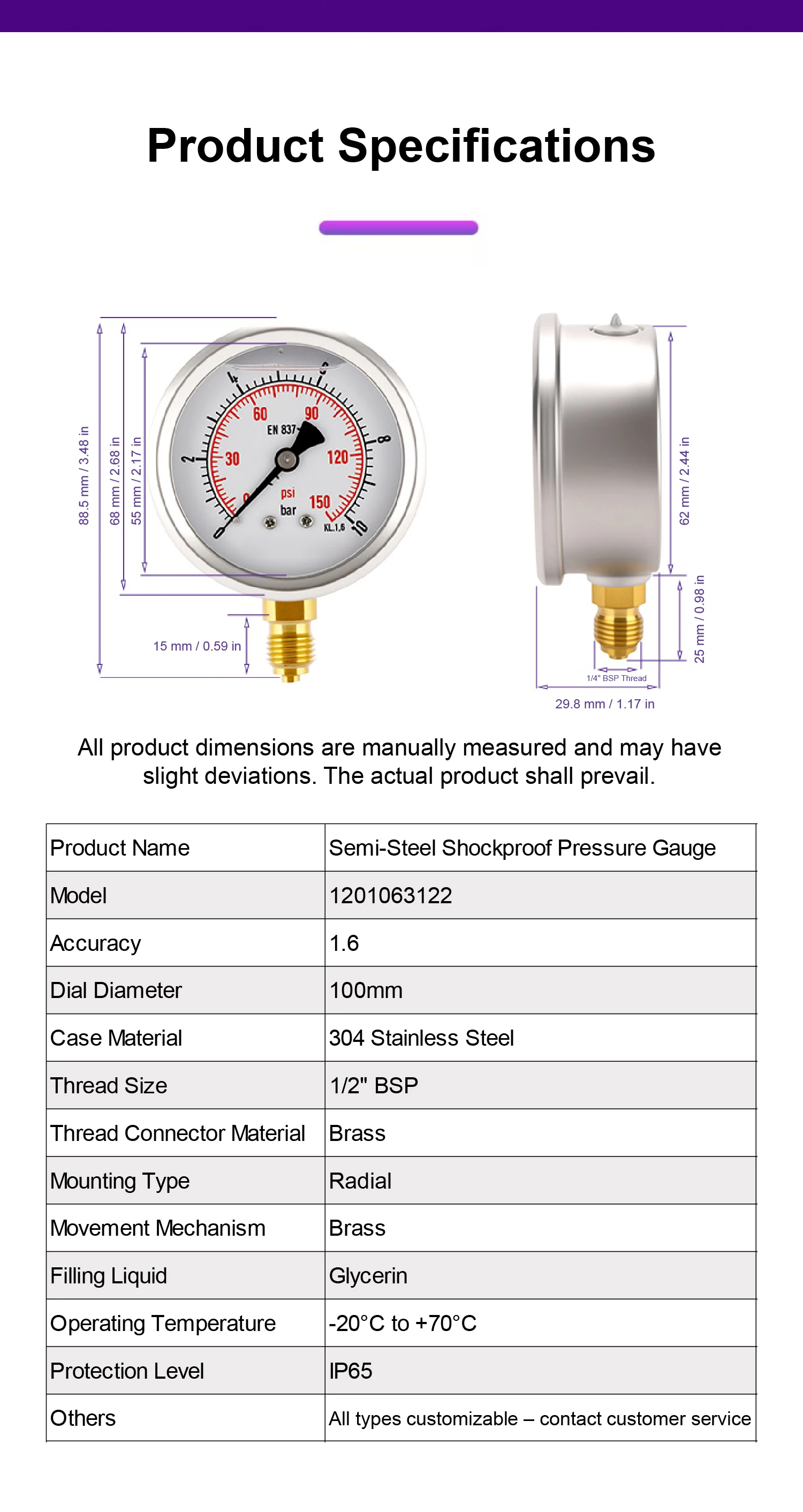 YN100 Shock Resistant Pressure Gauge G1/2 0-1000 PSI 100mm Stainless Steel Air C