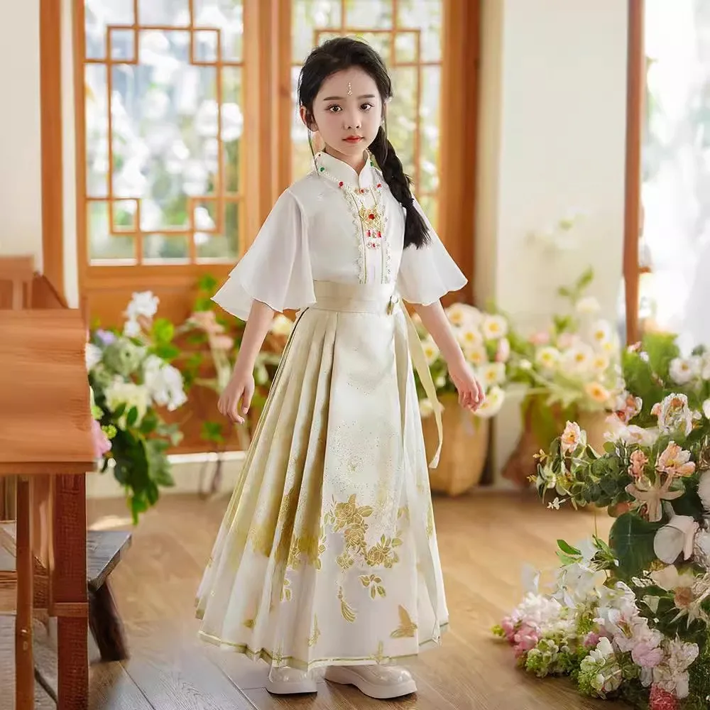 

Girls Hanfu Chinese Traditional Princess Horse-face Skirt 2024 Summer New Tang Dynasty Perform Dress Kids New Year Clothes