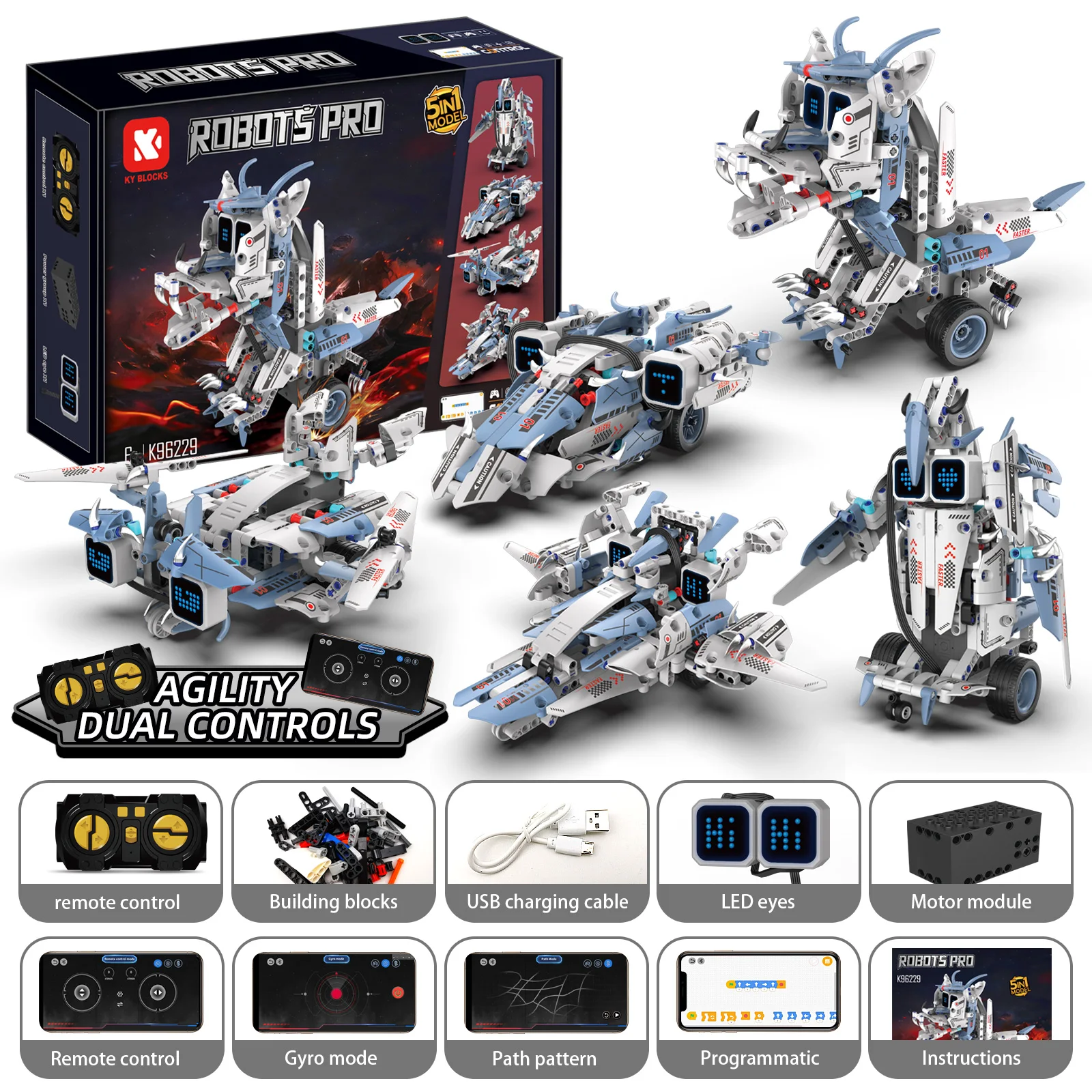 96229 342PCS 불꽃을 뿜는 용 5-in-1 프로그래밍 가능 로봇 조립 키트(스마트 스크린 포함) STEM 교육용 코딩 장난감