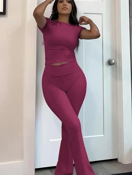Women's two-piece sports leisure yoga set, short-sleeved cuffed flared trousers, short-sleeved top sports set 1