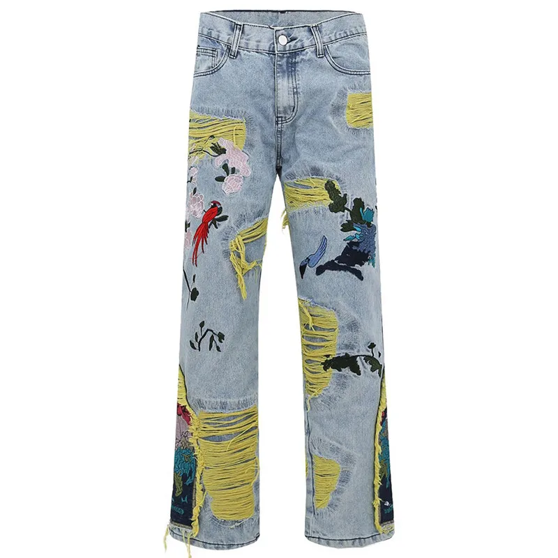 

Модные рваные джинсы Hi Street с вышивкой, уличная одежда, рваные джинсовые брюки, прямые состаренные штаны Y2K