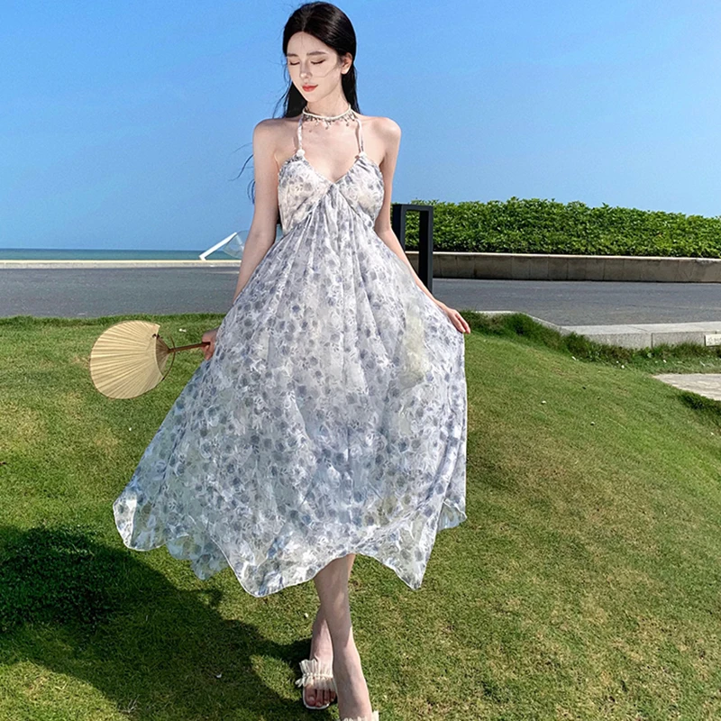 

2023 New Summer Women Backless Beach Sundress Slip Floral Vacation Strappy Y2K Casual Long Elegant Lolita Ladies Quinceanera