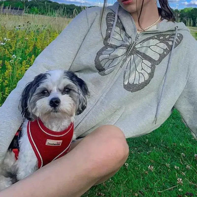 Harajuku Streetwear Diamond Oversized Long Jacket 2024 E-girl 90s Fashion Y2K Hoodies Butterfly Graphic Rhinestone Zip Up Coats