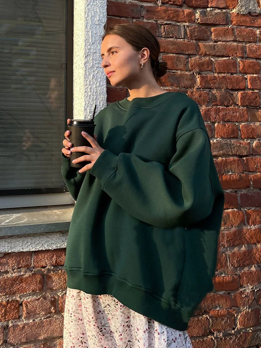Women Oversized Casual Hoodies Autumn Winter O-Neck Capless Sweatshirts Loose Warm Fleece Pullovers Girls Streetwear Top