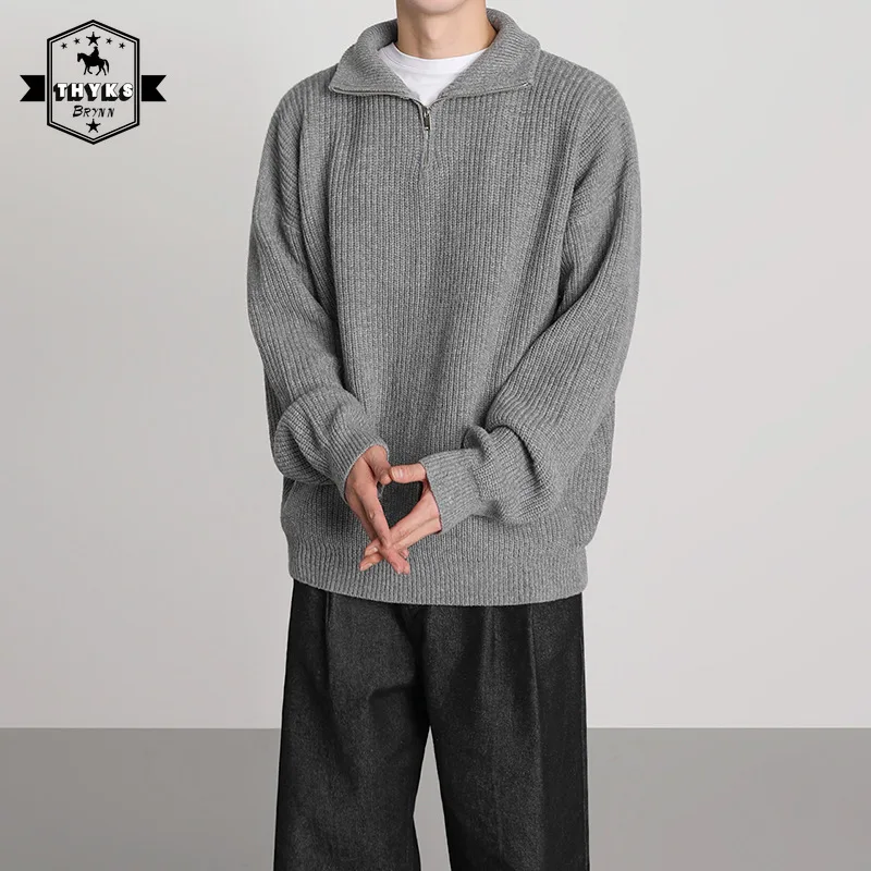 

Пуловер мужской на молнии с высоким воротником, модный однотонный простой свитер в стиле Харадзюку, Свободный Повседневный Топ в стиле ретро для молодых людей