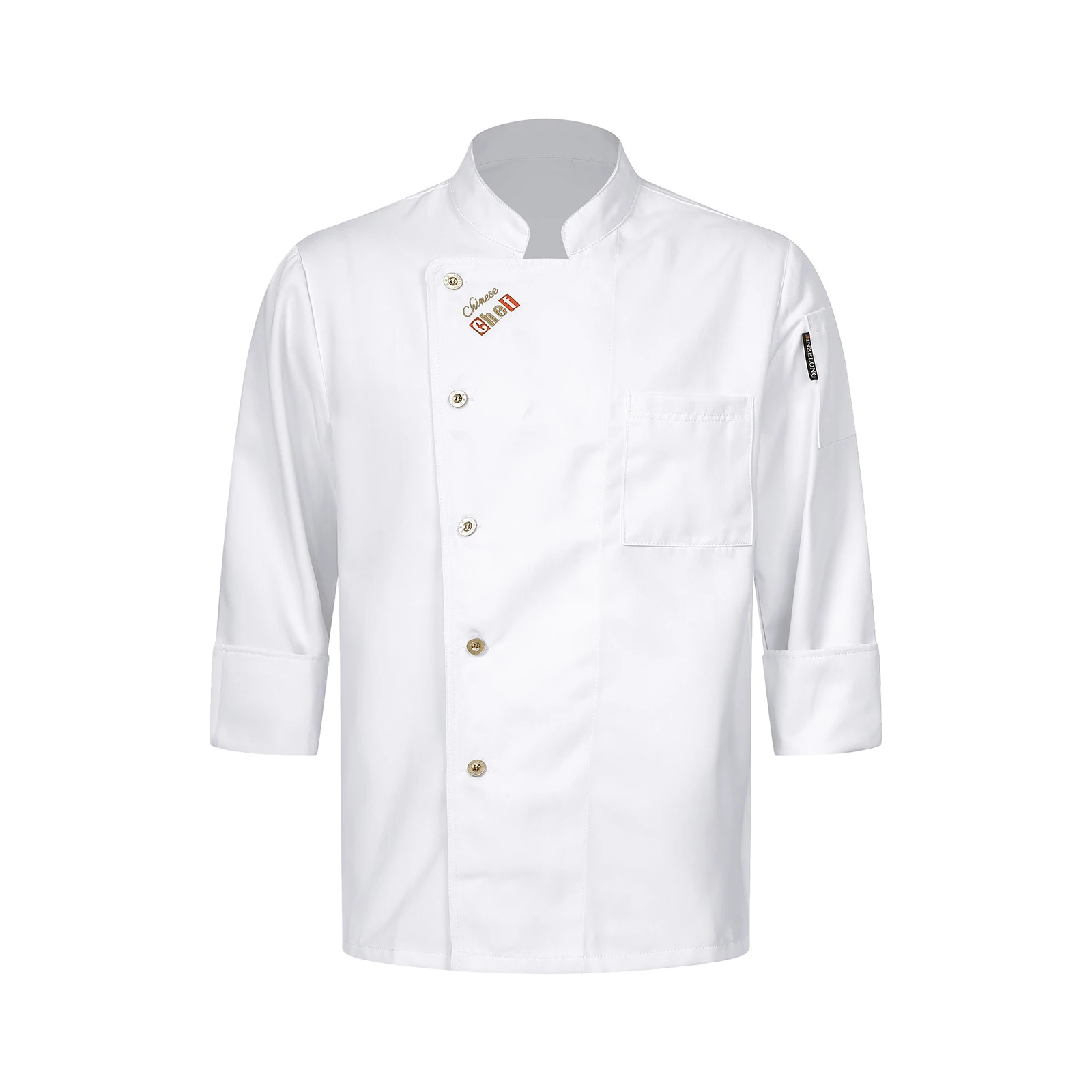 thumbnail image 1 of Abrigo de Chef para hombre y mujer, uniforme de cocina para restaurante, panadería, Ropa de Trabajo, ropa con cuello levantado, Tops con botones de Bordado de letras, 1 of 5