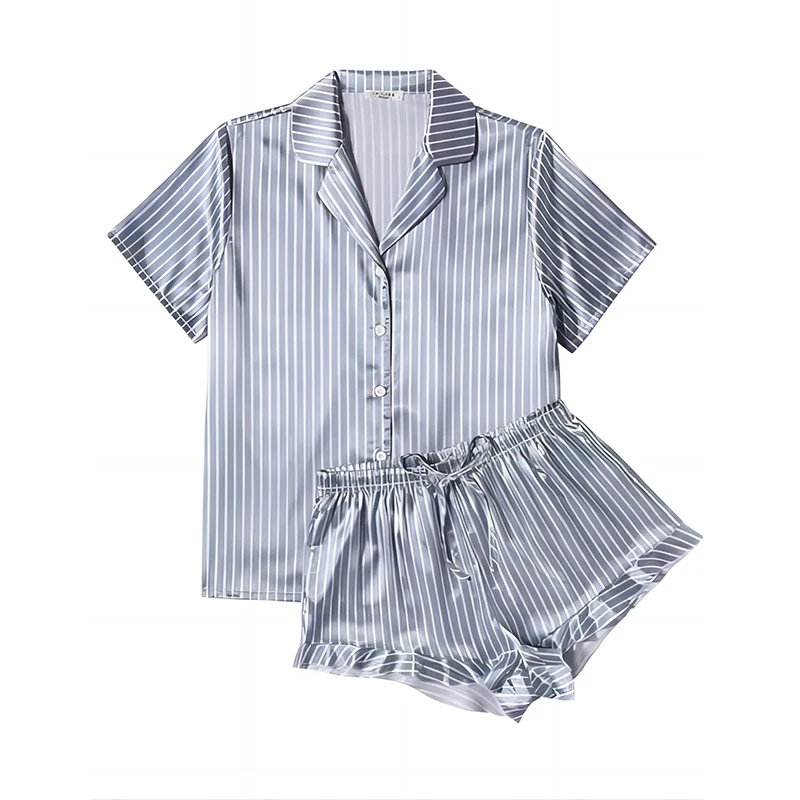 Ling Blue Striped  Short Sleeve Sleepwear 2 Pcs Sweet Silk Pajamas Womens Satin Pjs S-XXL Shorts Set Button Down Loungewear