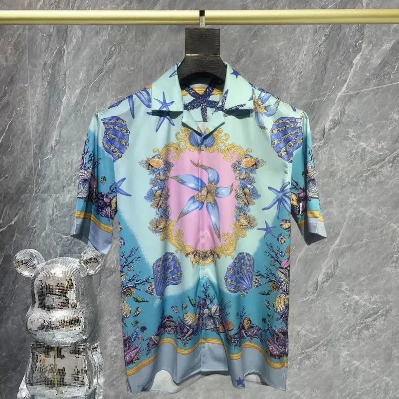 

High Quality Ocean World Contrast Print Short Sleeve Shirt Holiday Casual Dress Blouse Clothes Shirts Slim Mode Chemise Homme