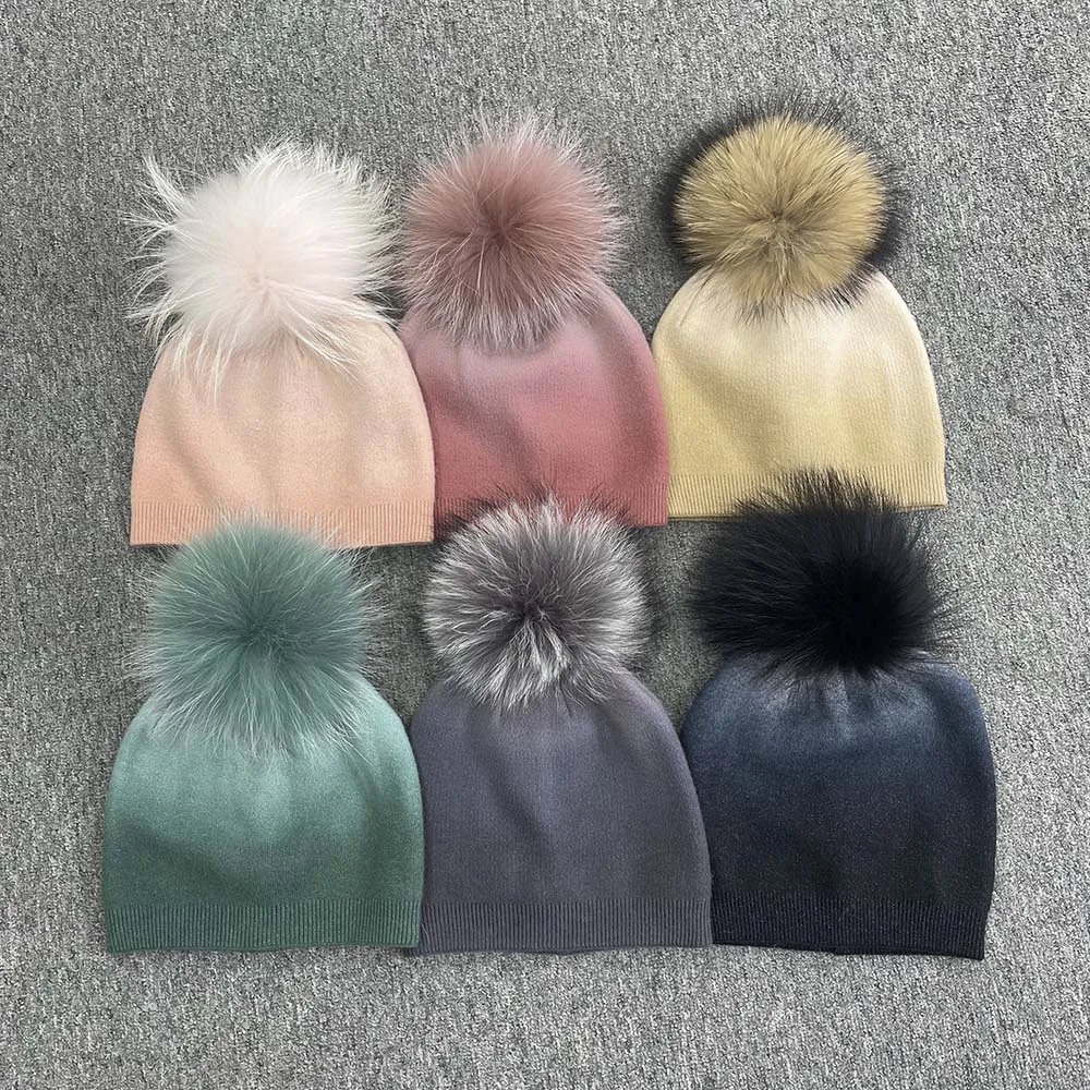 

JANEFUR Women's Hat 2023 New Real Fur Pom Pom Beanie Gradient Fashion Y2K Wholesale Warm Winter Wool Knit Cap