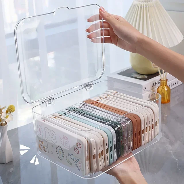 Panier de rangement d'articles divers en acrylique, support de coque de téléphone, boîte de rangement transparente avec couvercle pour bureau à domicile 1