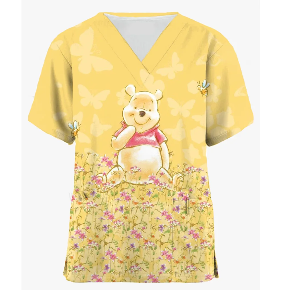 thumbnail image 1 of 2024 Blusas de uniforme médico para el día de Pascua para mujer, blusa con cuello en V de Disney Winnie the Pooh, camisetas de trabajo para enfermeras, blusa con bolsillos, 1 of 5