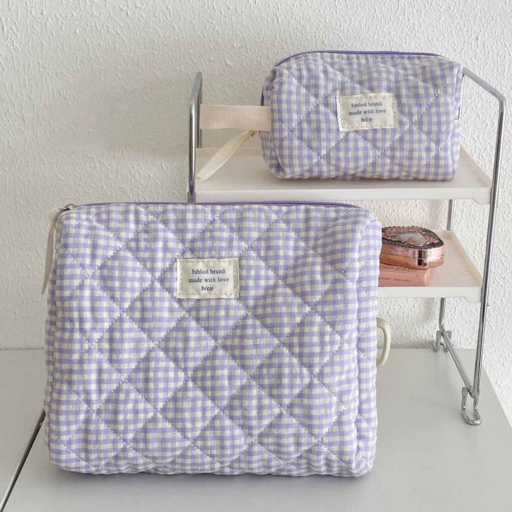 Casual Women Cosmetic Pouch Large Capacity Travel Storage Bag Sweet Plaid Ladies Makeup Bag Cotton Checkered Travel Toiletry Bag 2