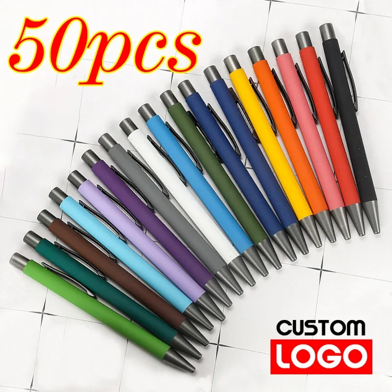 

Металлическая шариковая ручка, 50 шт., рекламная ручка с резиновой текстурой, с логотипом на заказ, гравировкой текста, лазерной гравировкой, настраиваемая ручка с именем и логотипом