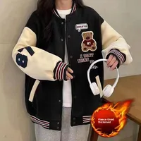 Autumn Winter Thickened Fleece Lined Baseball Jacket Popular Online Couple Outerwear Women's Loose Bear Print Casual Coat