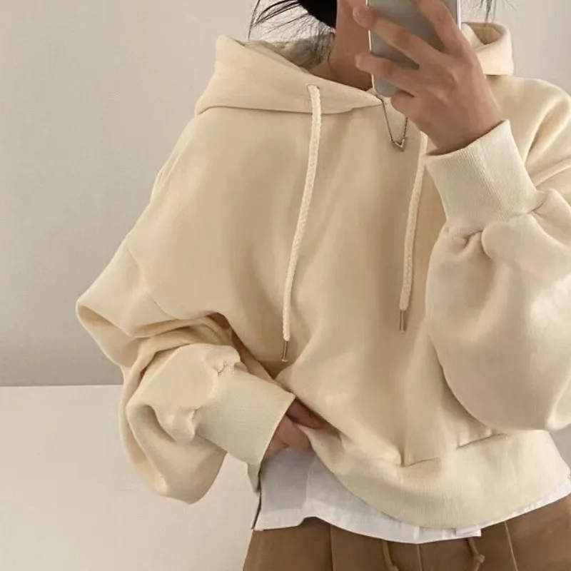 

Women Clothing Solid Apricot Baggy Fleece Mid Length Version Vintage Pocket Letter Printing Sweatshirt Lazy Casual Hoodie Autumn