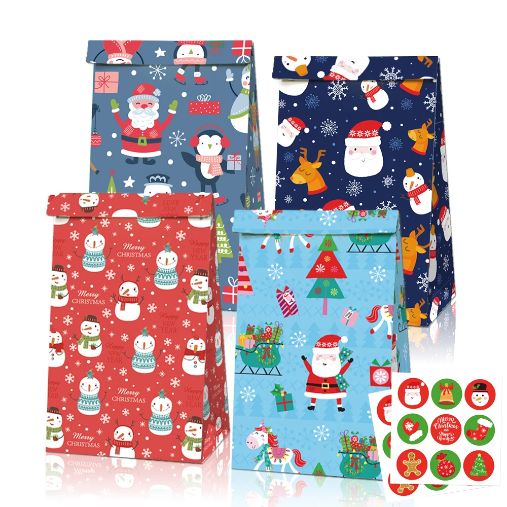 

LB046 12Pcs Merry Christmas Festival Party Candy Kraft Packing Paper Gift Bags Stickers Snowman Xmas New Year Party Decorations