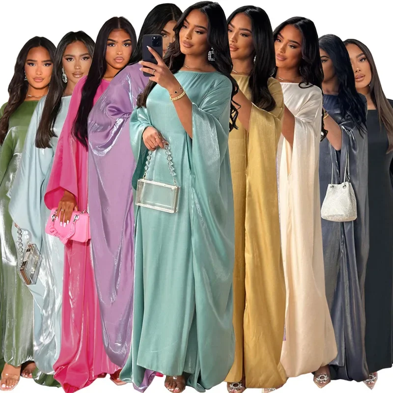 2024 Muslim Dress Women Summer Fashion Muslim Long Sleeve Satin Plus Size Long Abaya Kaftan Abaya Dubai Abaya Muslim Clothes 4