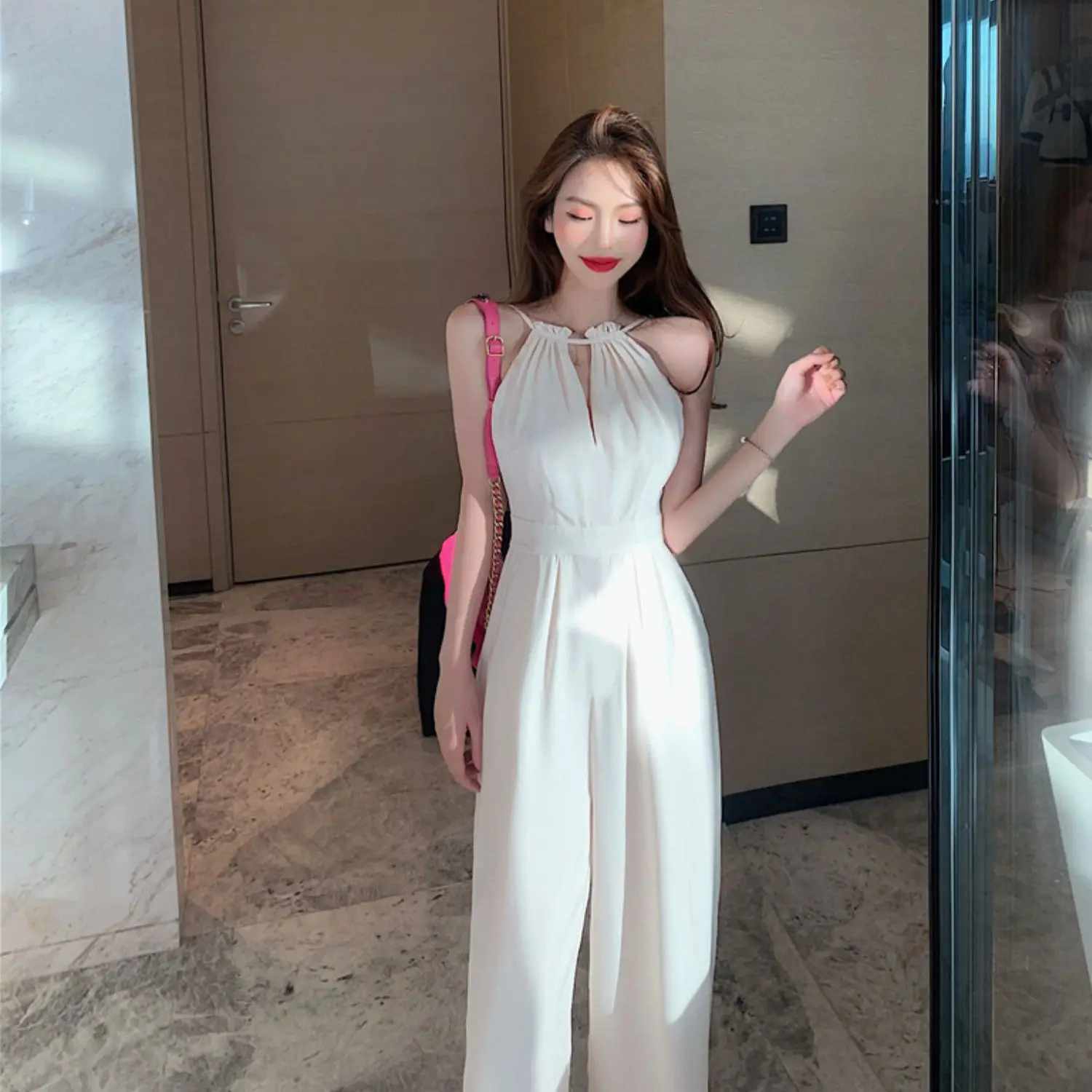 

Summer 2023 White Hollow Out Jumpsuit Set New Style Off Shoulder Sleeveless Hanging Neck Top Women's High Waist Wide Leg Pants