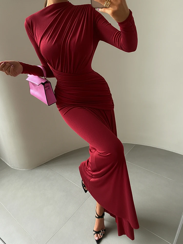Nibber Folds Maxi Dress Women o-Neck Full Sleeve Solid Banquet Elegant Vacation Fashion Autumn Skinny Casual Simple Vestidos